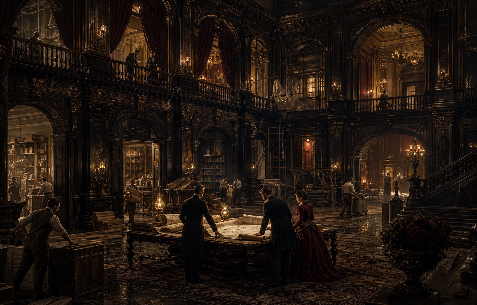 Household leaders and workers expanding an opulent gaslamp manor