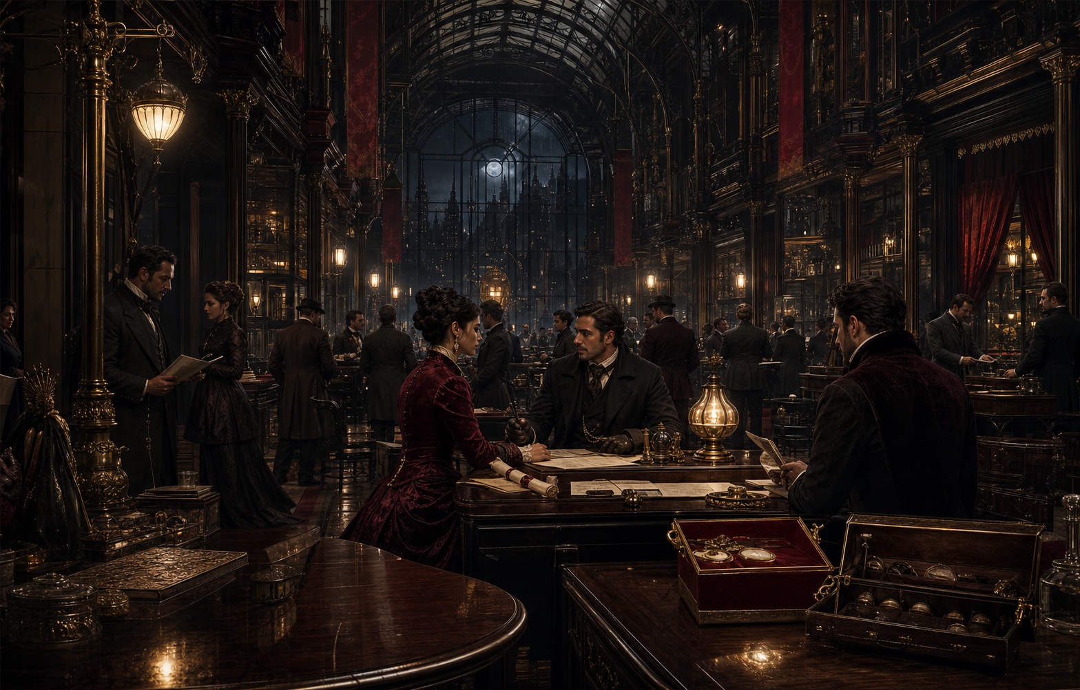 Adult traders negotiating contracts in a grand gaslamp market hall