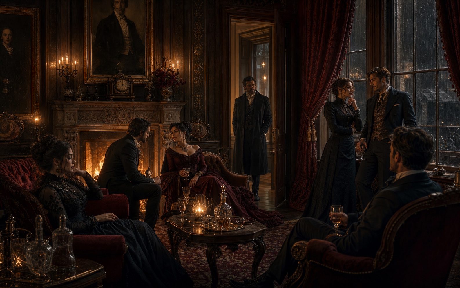 Adult members of a gaslamp household sharing intimate conversations in a candlelit salon
