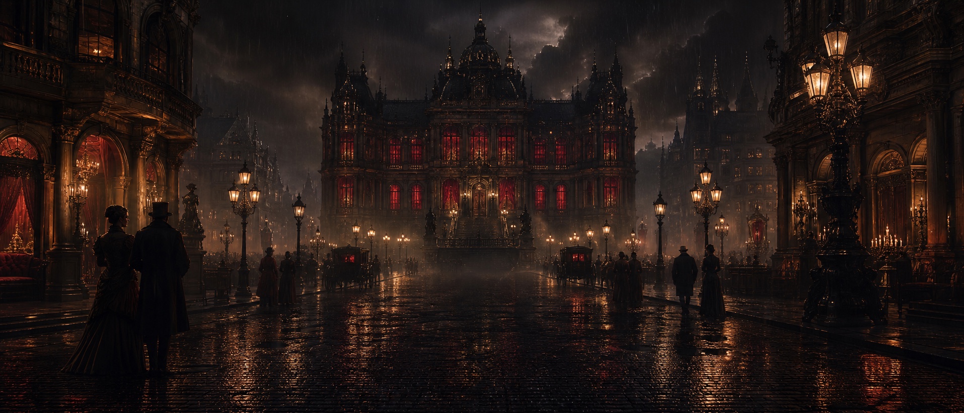 A rain-soaked gaslamp avenue leading to a crimson-lit manor